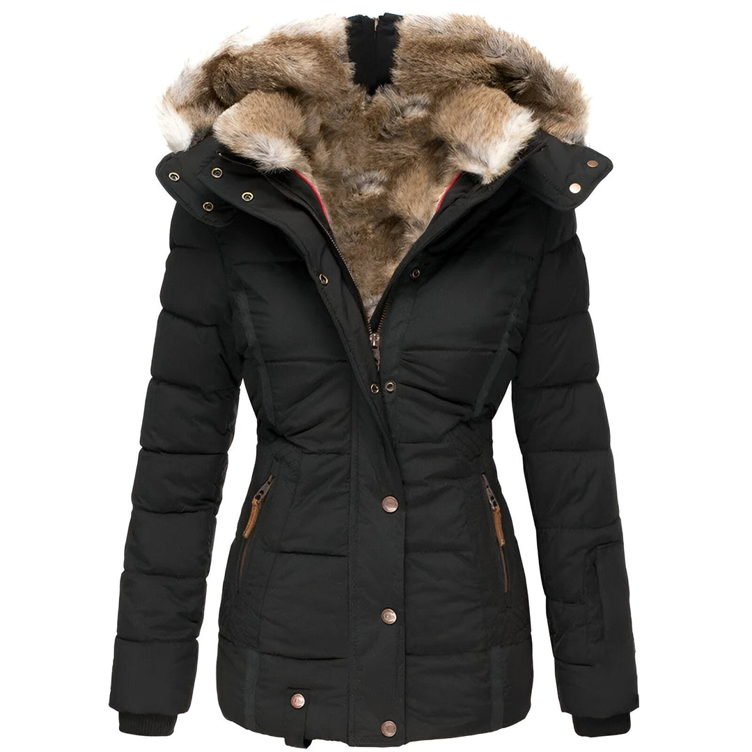 Women's quilted puffer jacket with plush hood trim, perfect for stylish winter warmth.