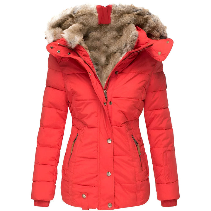 Cozy women's hooded puffer jacket, elegantly quilted for cold weather fashion & warmth.