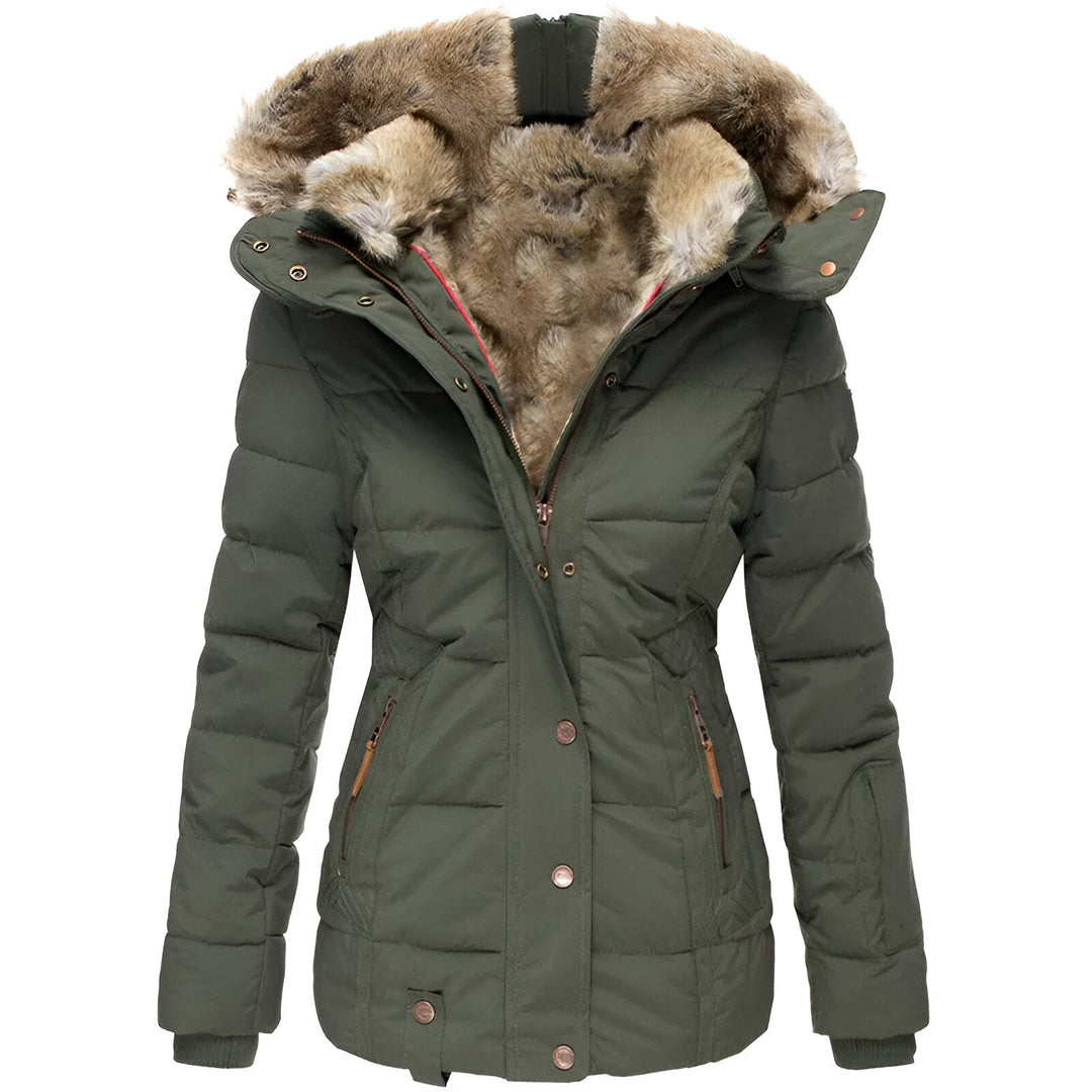 Stylish women's winter coat, a quilted puffer jacket with a soft plush-trimmed hood.