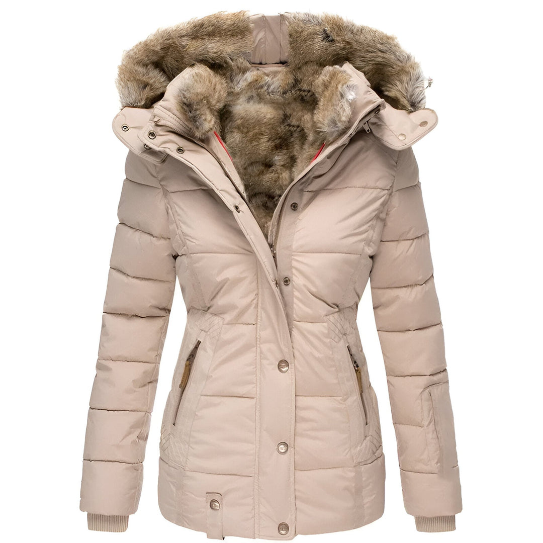Warm women's puffer jacket featuring a fashionable quilted design & luxurious plush hood.
