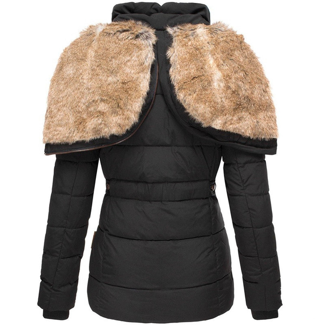 Women's elegant quilted puffer coat, providing superior winter warmth with a plush hood trim.