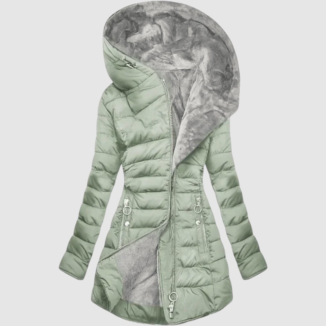 Women's quilted winter jacket with a cozy hood, perfect for cold weather. Stylish and warm outerwear for everyday comfort.