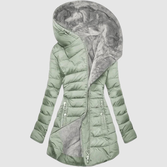 Women's quilted winter jacket with a cozy hood, perfect for cold weather. Stylish and warm outerwear for everyday comfort.