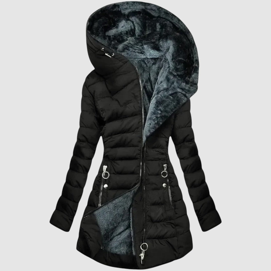 Comfortable women's hooded quilted jacket, ideal for fall & winter. Stylish outerwear for cozy cold weather fashion.