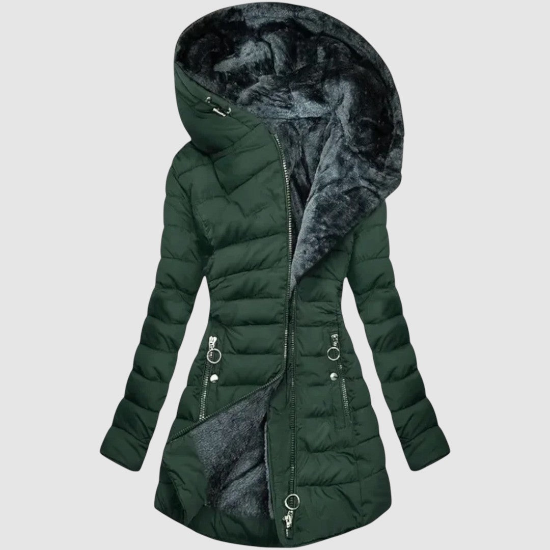 Warm women's quilted winter coat with a protective hood, designed for extreme cold weather. Cozy and functional outerwear.