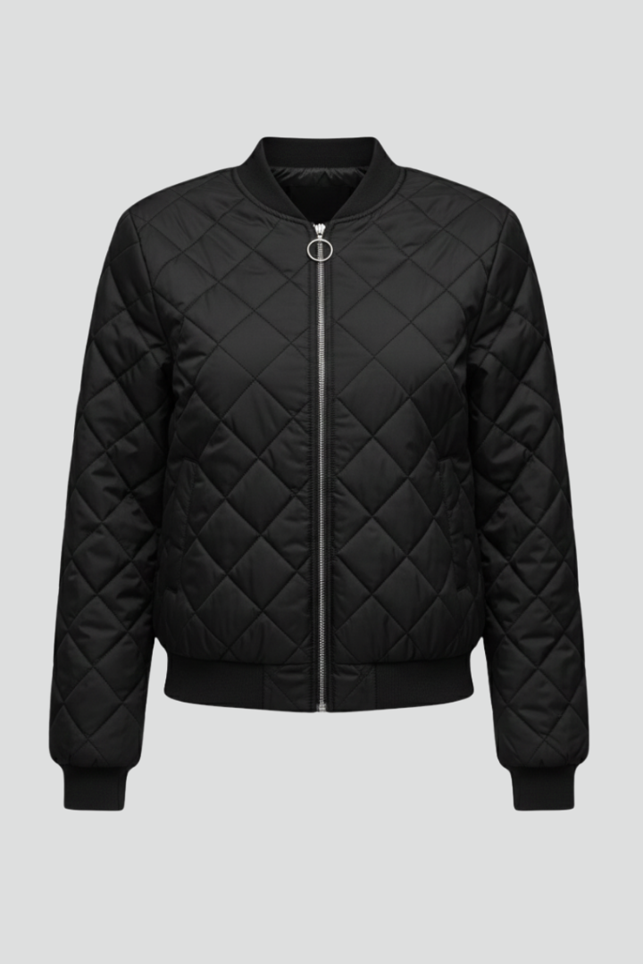 Women's quilted zip jacket for casual everyday wear. Stylish outerwear for fall & winter layering, relaxed fit.