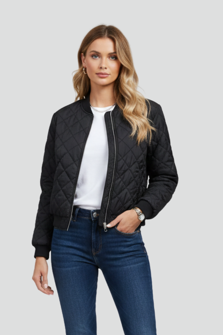 Stylish women's quilted zip jacket offers effortless comfort & warmth. Perfect casual outerwear for fall fashion.