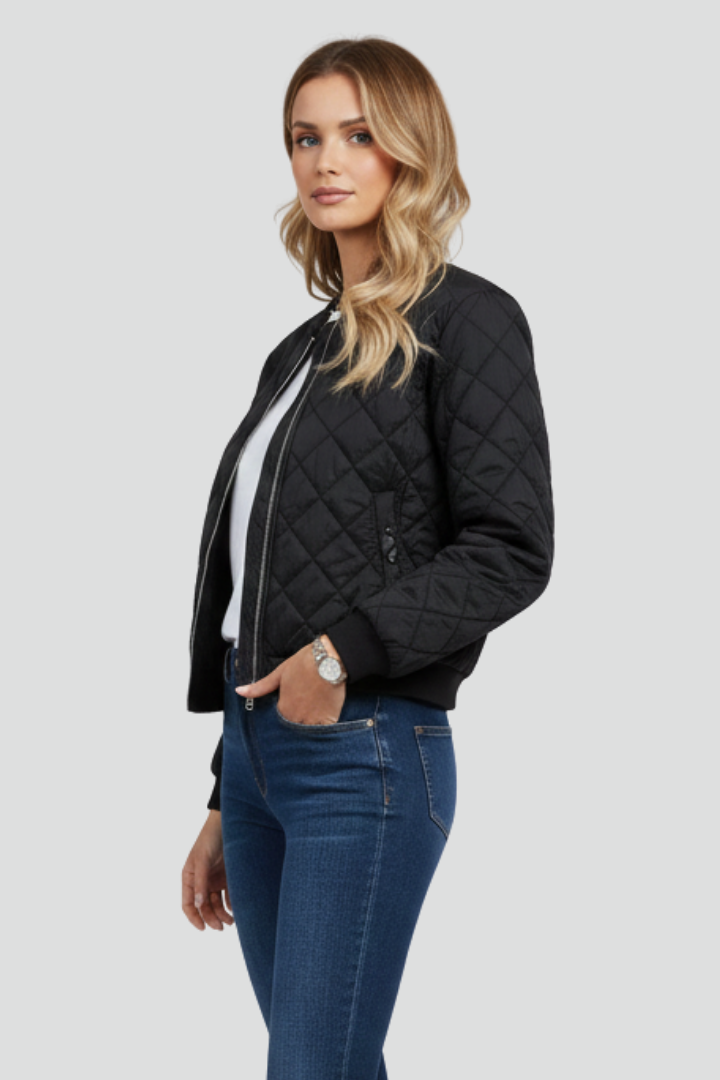Modern women's quilted zip jacket. A stylish, relaxed fit for fall & winter casual outerwear, great for layering.