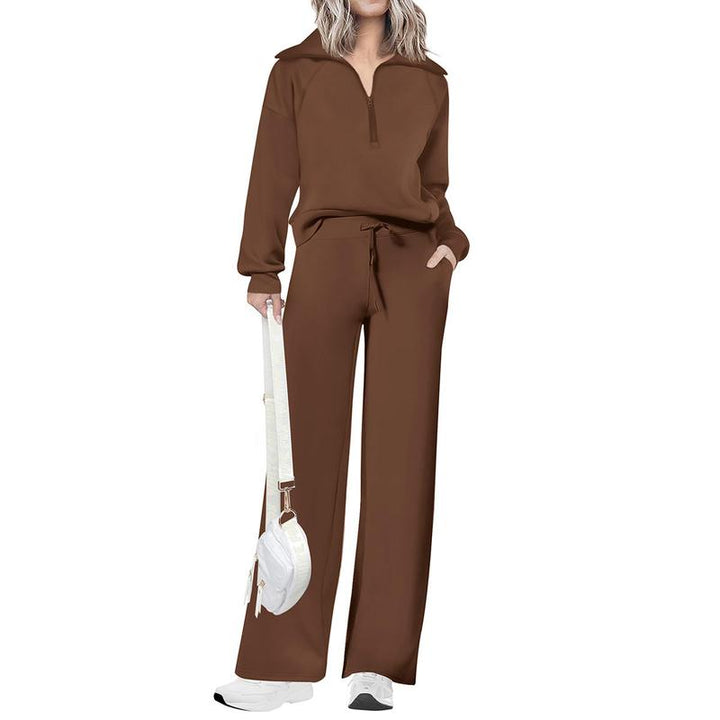 Soft viscose modal women's half-zip two-piece lounge set. Effortless style & comfort with wide-leg pants.