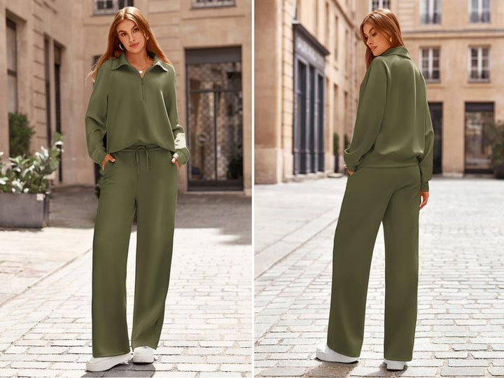 Effortless women's matching half-zip top and wide-leg pant set. Stylish and comfortable casual wear.