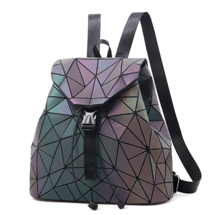 Angled view of a women's luminous geometric backpack, highlighting its color-changing and reflective surface.