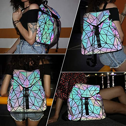 Sturdy straps and details on a women's reflective geometric luminous daypack for comfort.