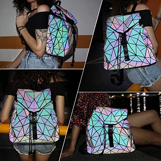 Sturdy straps and details on a women's reflective geometric luminous daypack for comfort.