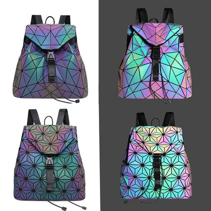 Luminous women's geometric backpack glowing in the dark, showcasing reflective properties for night safety.