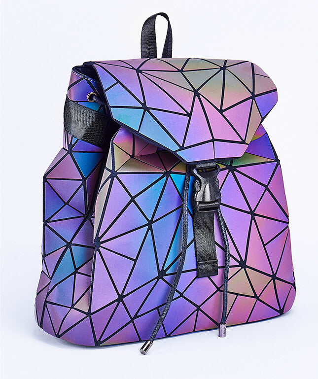 Unique geometric luminous backpack for women, a stylish and eye-catching fashion statement.