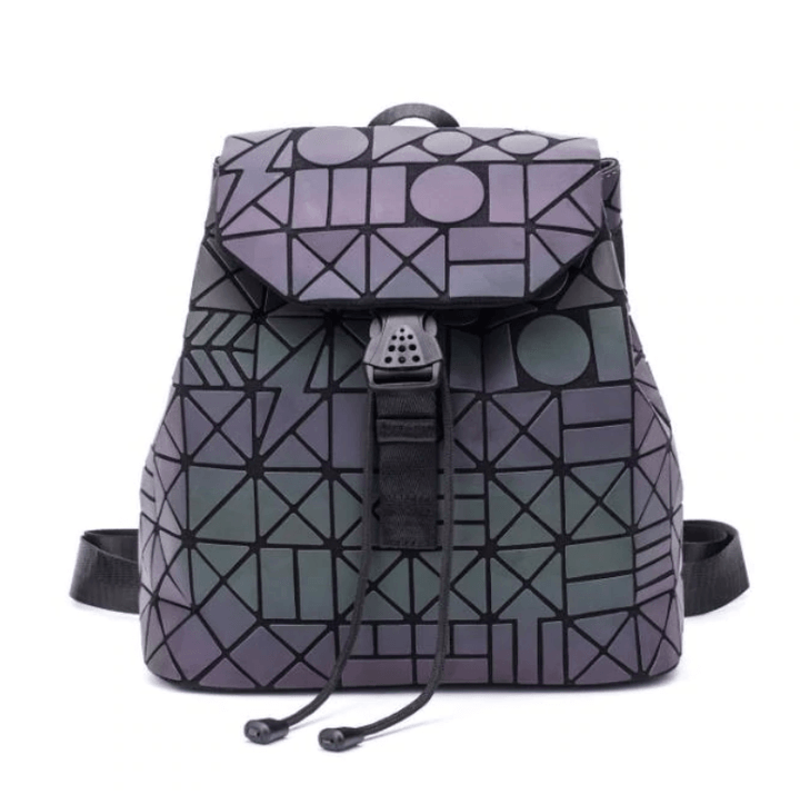 Back view of a woman wearing a geometric color-changing backpack, showcasing reflective safety.