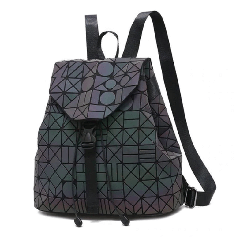 Isolated women's geometric reflective backpack, luminous effect, a unique fashion accessory.