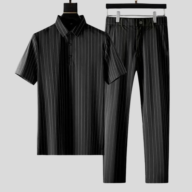 Black women's tailored two-piece lounge set with short sleeves. Comfortable, fashionable, and versatile loungewear.