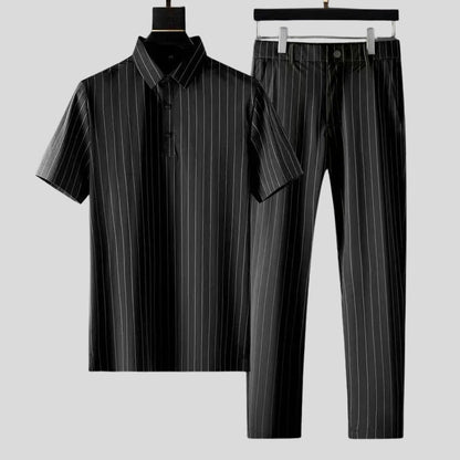Black women's tailored two-piece lounge set with short sleeves. Comfortable, fashionable, and versatile loungewear.