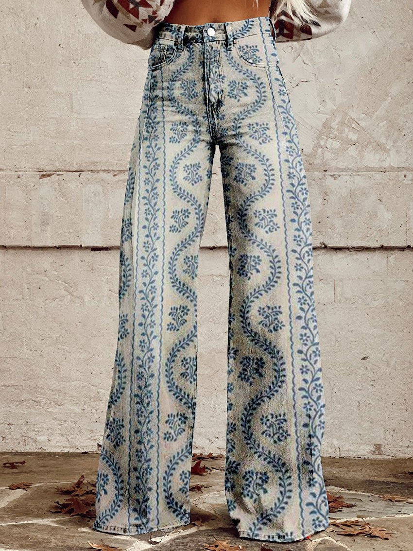 Floral women's relaxed fit jeans, blending comfort with contemporary fashion.