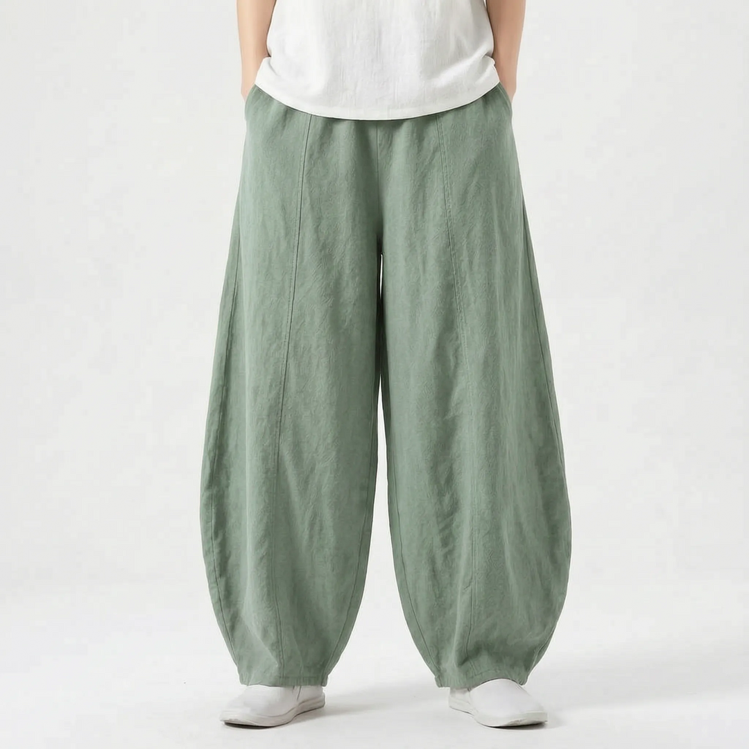 Women's barrel pants with elastic waist, relaxed wide leg fit for comfortable, easy wear.