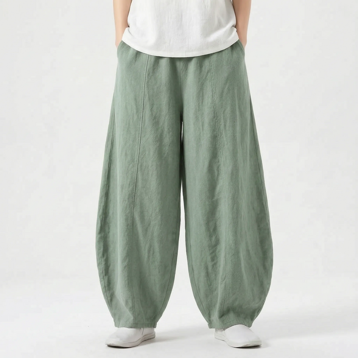 Women's barrel pants with elastic waist, relaxed wide leg fit for comfortable, easy wear.