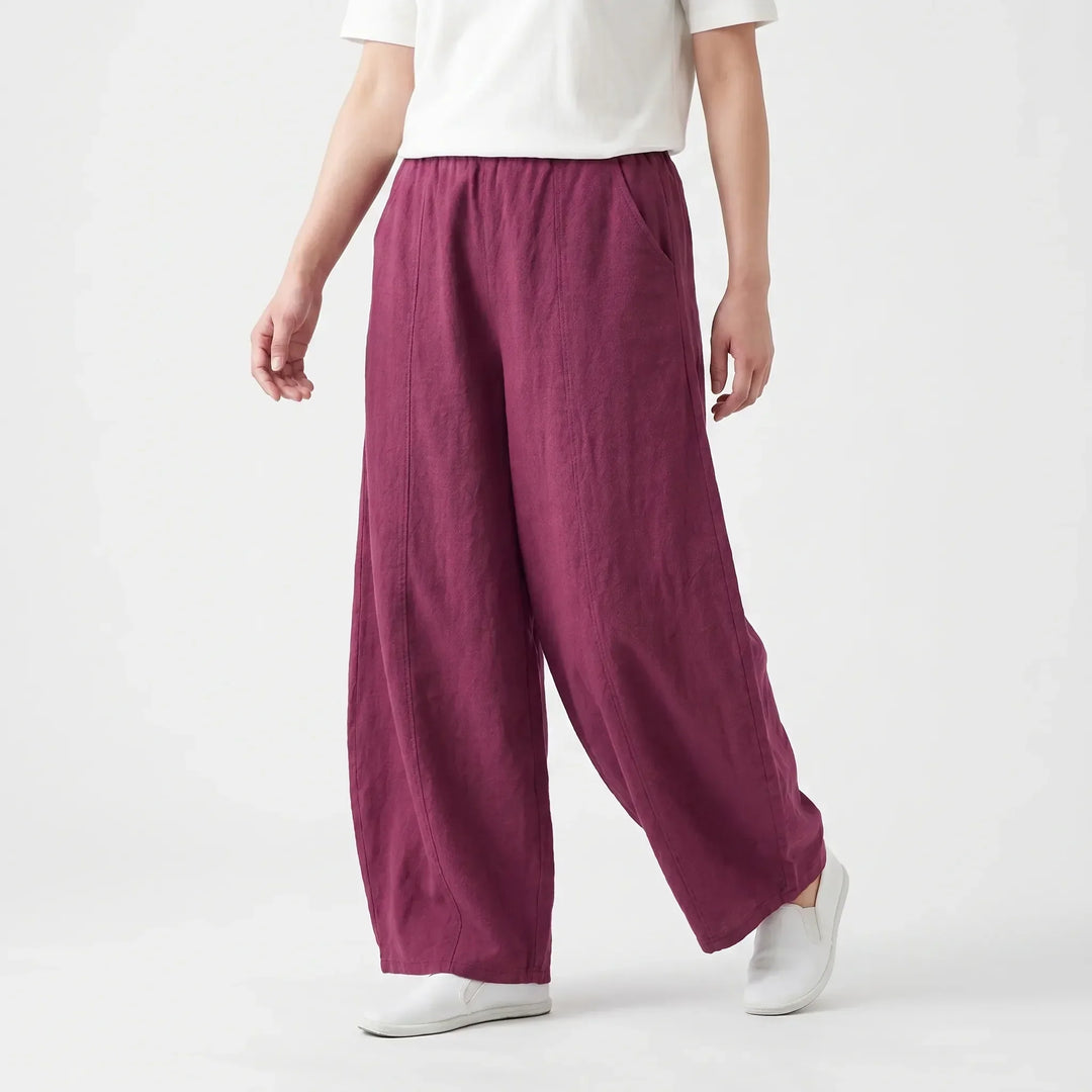Relaxed fit barrel pants for women, wide leg, elastic waist, comfortable and stylish.