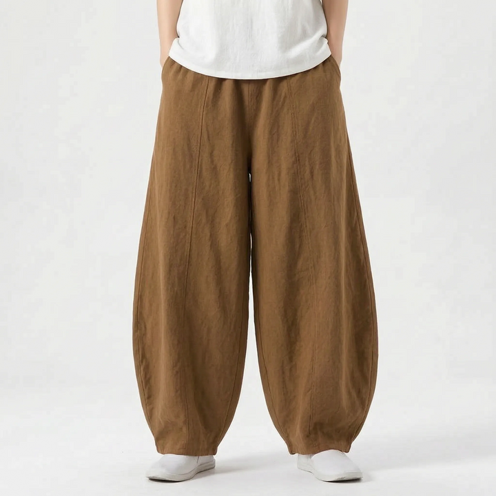 Versatile women's barrel pants, relaxed fit, wide leg, great for casual everyday style.