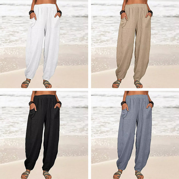 Women's plus size relaxed fit harem pants, comfortable wide-leg beachwear for summer fashion.