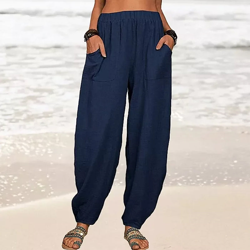 Bohemian style women's wide-leg harem pants, perfect loose fit for summer activities & casual elegance.