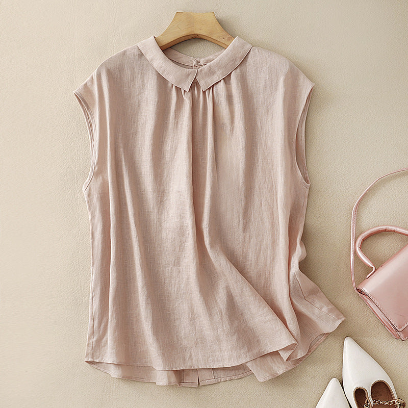 Black women's relaxed fit blouse. Elegant shirt with sculpted collar & capped sleeves.
