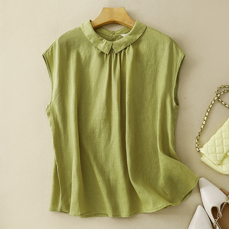 Pink women's relaxed fit top. Casual spring blouse with sculpted collar & capped sleeves.
