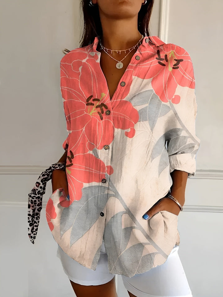 Comfortable women's long-sleeve blouse, v-neck, relaxed fit. Versatile professional & casual top.