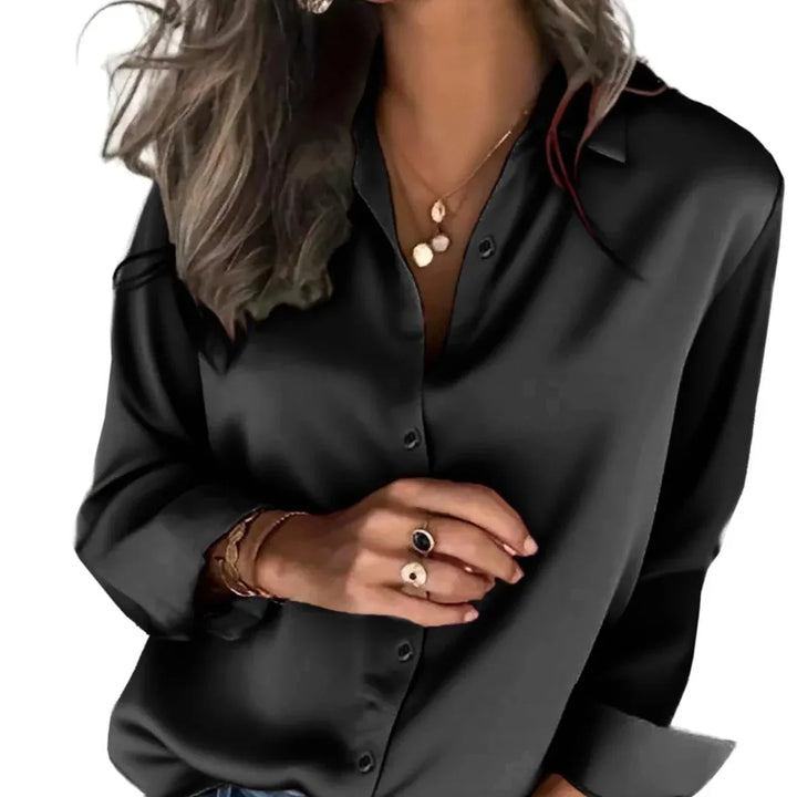 Elegant women's relaxed fit button down blouse, perfect for office wear or a chic casual look.