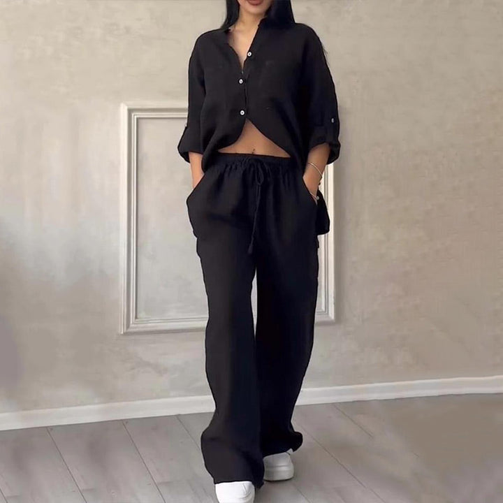 Spring/summer matching set: Women's relaxed button-down shirt & wide-leg drawstring pants. Vacation outfit.