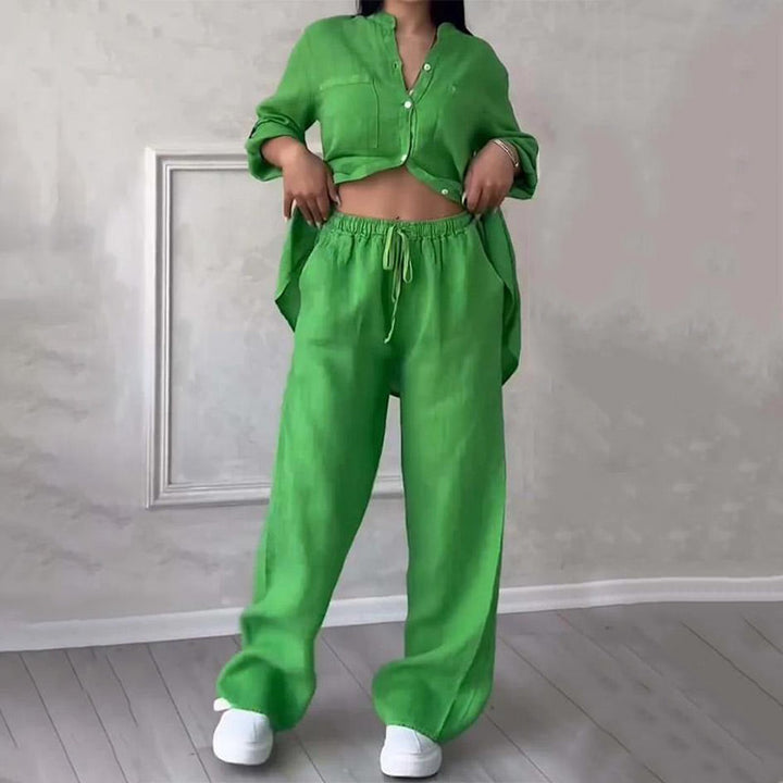 Versatile women's coordinated set: relaxed button-down shirt & wide-leg pants for casual or vacation wear.