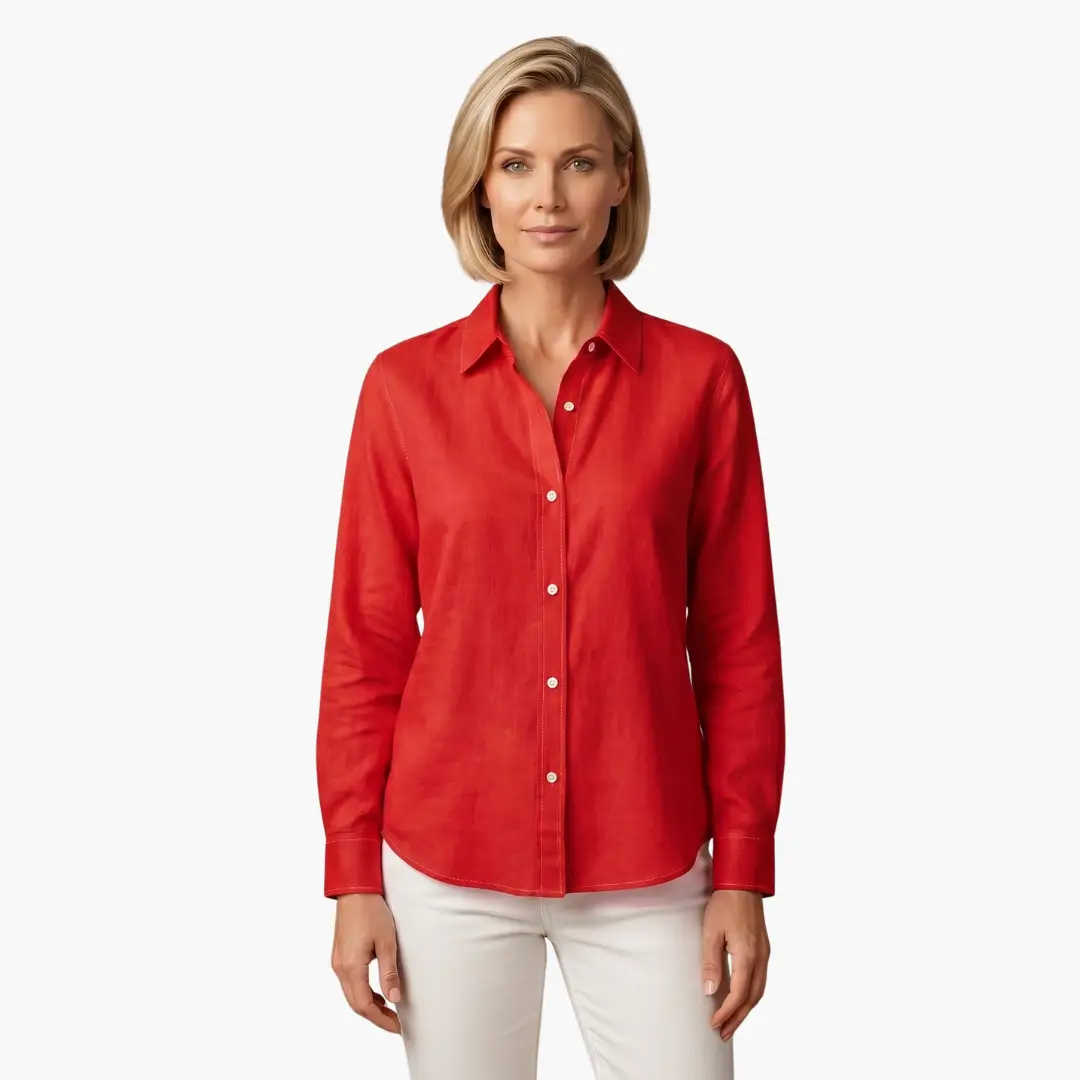 Versatile women's long sleeve button up shirt, relaxed fit, easily transitions from day to night.