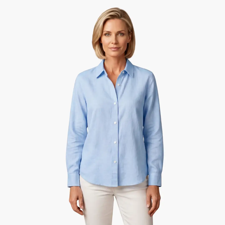 Women's apparel: relaxed fit button up shirt, long sleeve, a chic and timeless fashion staple.