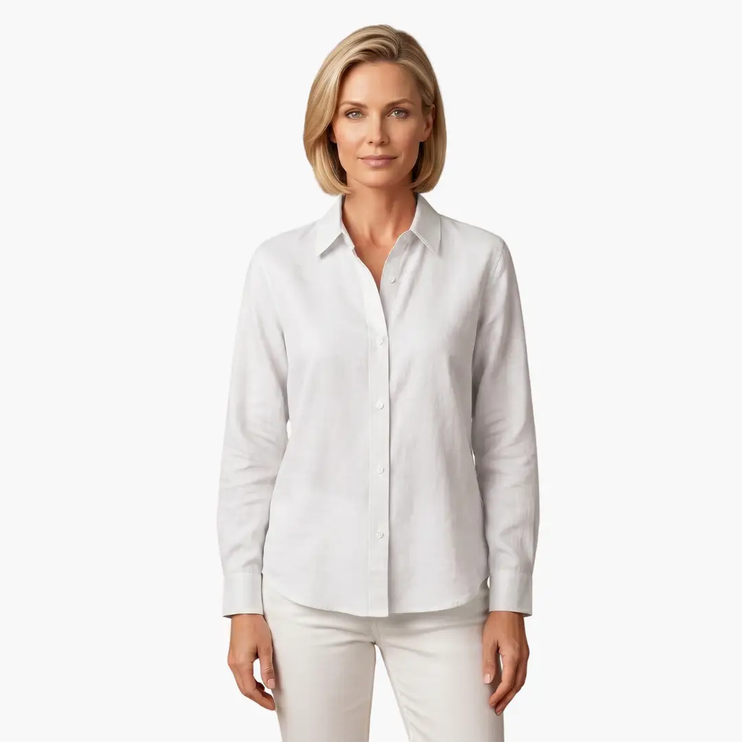 Soft fabric women's collared button up shirt, timeless relaxed fit for versatile style.