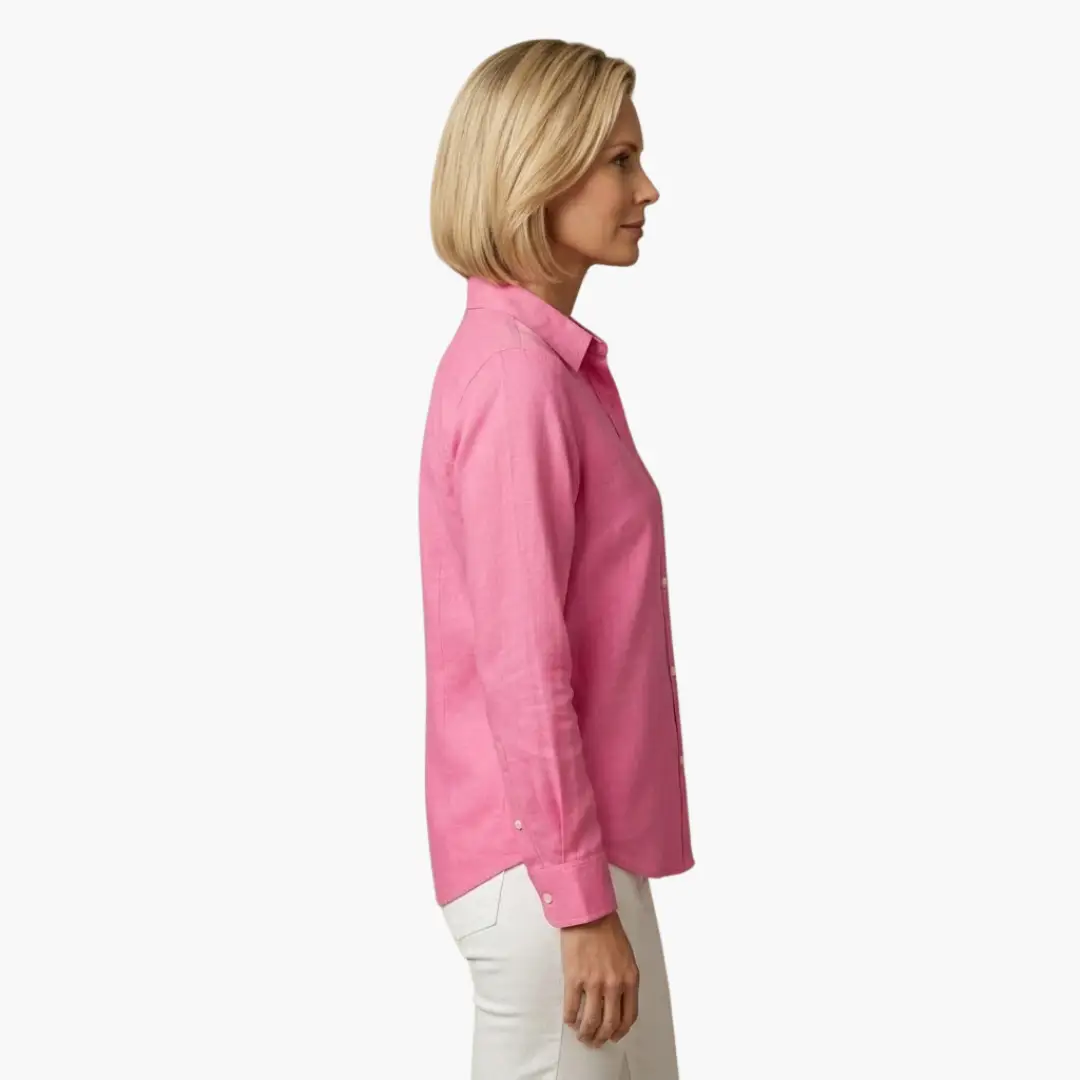 Side view: Women's relaxed fit long sleeve button up shirt, comfortable and stylish for everyday.