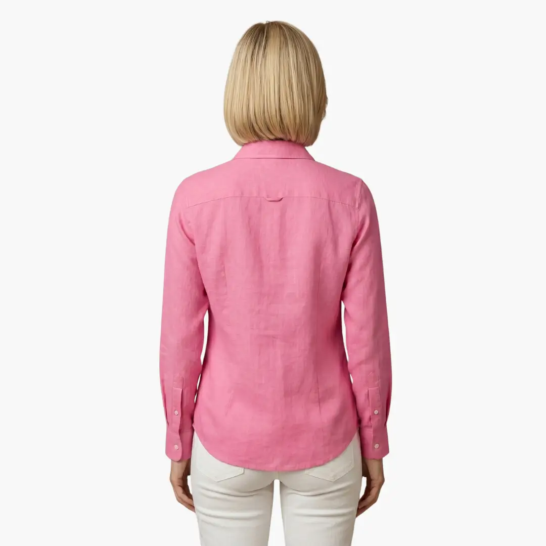 Back view: Women's timeless relaxed fit button up shirt, long sleeve, effortless chic apparel.