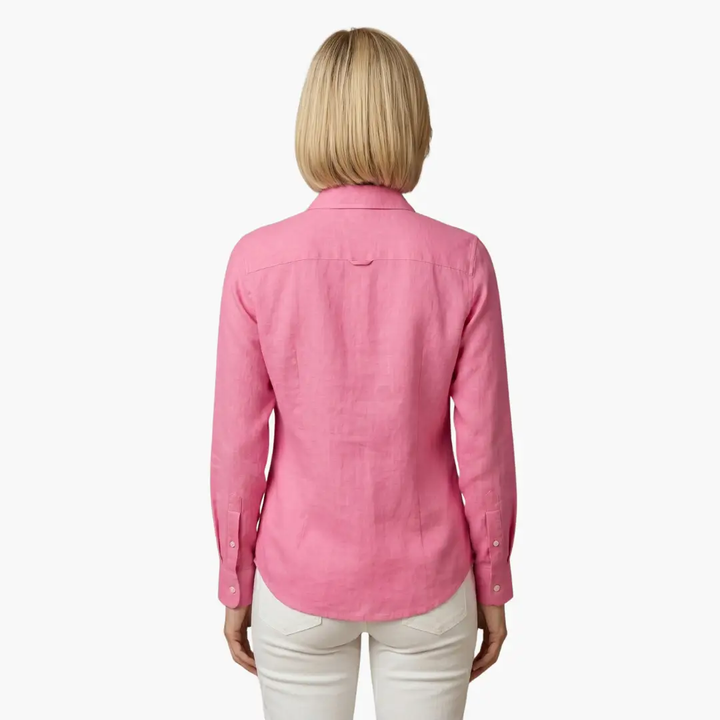 Back view: Women's timeless relaxed fit button up shirt, long sleeve, effortless chic apparel.
