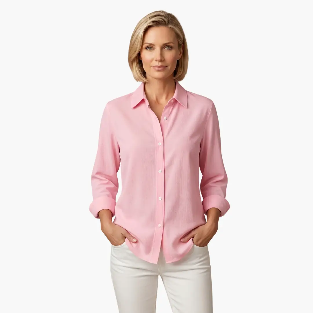 Versatile women's relaxed fit button up shirt, styled open for a casual layered everyday look.