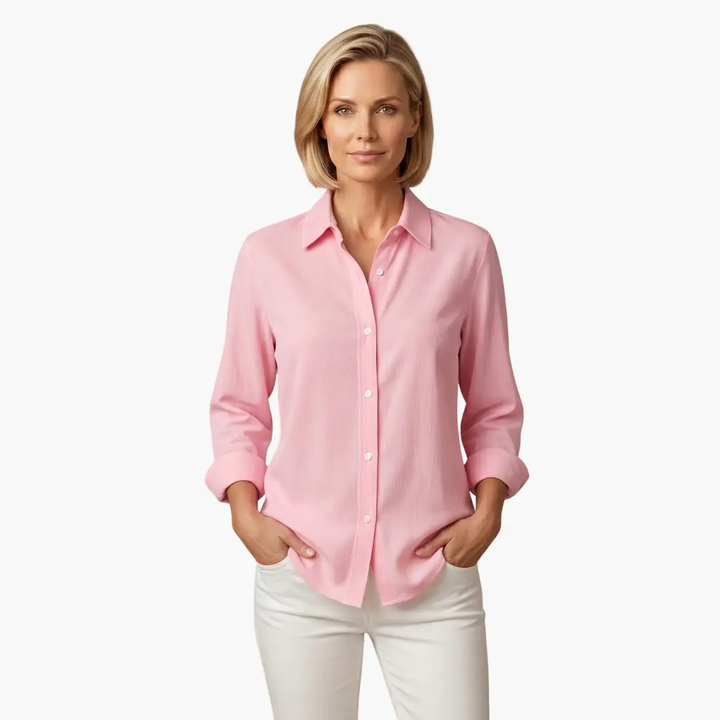 Versatile women's relaxed fit button up shirt, styled open for a casual layered everyday look.