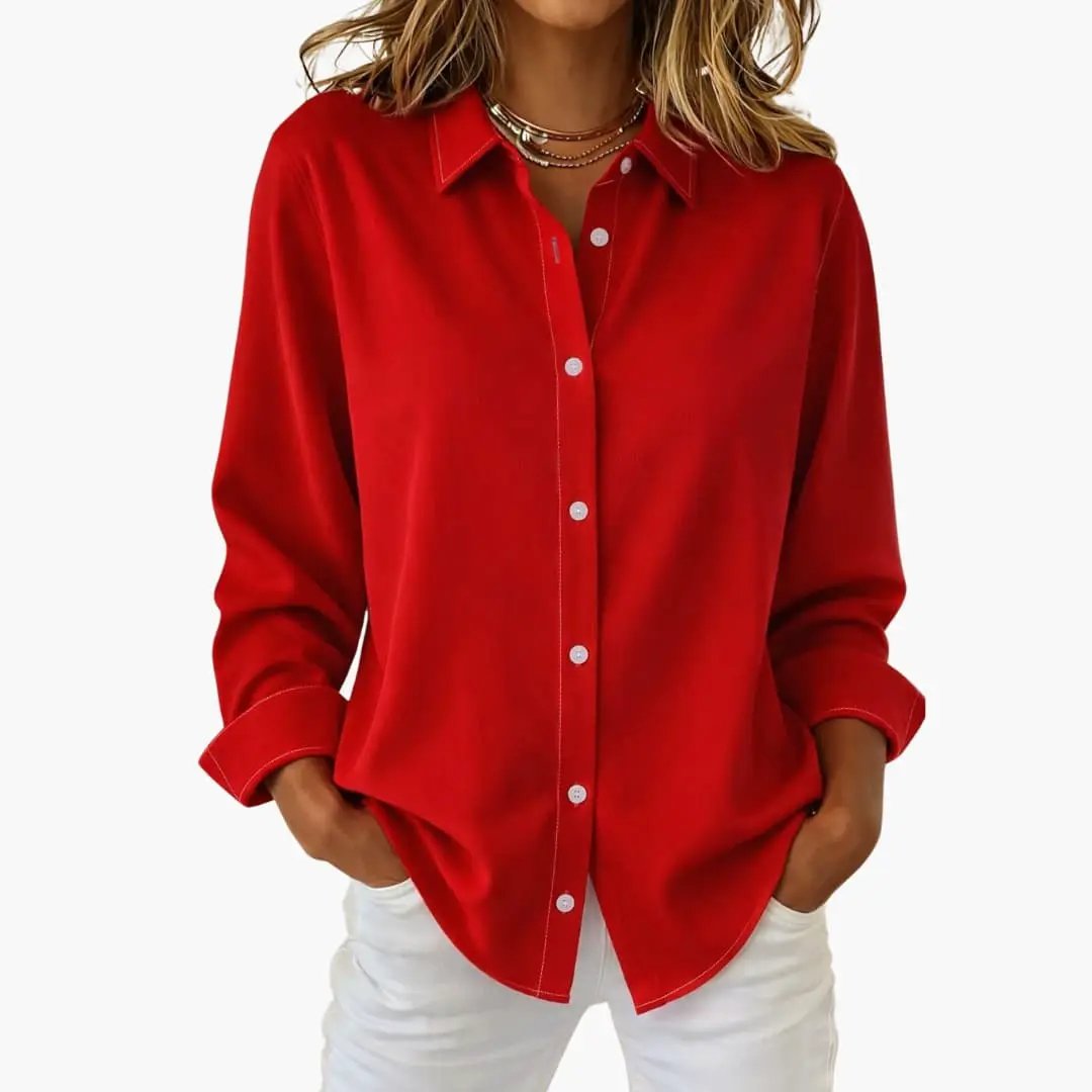 Comfortable women's relaxed fit button up shirt, long sleeve, perfect for all-day wear.