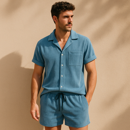 Women's relaxed fit cabana shorts and shirt set, perfect for summer vacation & casual wear.