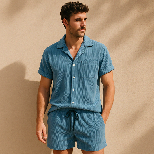 Women's relaxed fit cabana shorts and shirt set, perfect for summer vacation & casual wear.