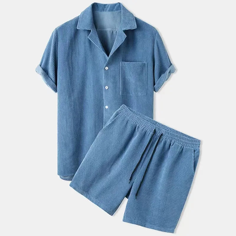 Two-piece women's summer outfit: relaxed fit button-up top & drawstring shorts set.