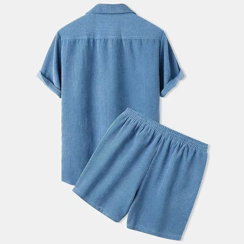 Stylish women's shorts set with a relaxed fit button-up shirt and comfortable drawstring shorts.