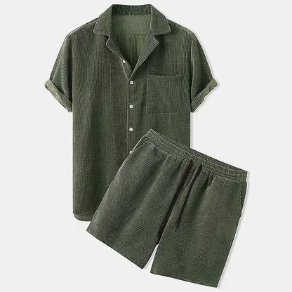 Women's vacation wear: comfy cabana shorts & shirt set, a stylish relaxed fit summer outfit.